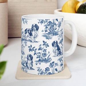 Cavalier King Charles Spaniel French Toile de Jouy Mug - Blue Toile Coffee Cup for Cavalier Mom, Cavalier Lover Gifts, Dog Tea Drinkware