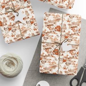 Shih Tzu Fall Toile Wrapping Paper, Autumn Pumpkin French Toile Gift Wrap Paper for Shih Tzu Lovers, Holiday Gift Packaging for Dog Lovers