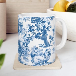 Taza de Toile de Jouy francesa con pomerania azul - Taza de café Toile de Jouy para amantes de los pomerania, taza de té, regalo para mamá pomerania, taza de cerámica con perro chinoiserie