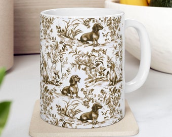Brown Dachshund French Toile de Jouy Mug - Neutral Colors Toile Coffee Cup for Doxie Mom, Sausage Dog Lover Gifts, Dog Tea Drinkware