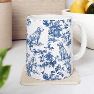 Caneca Golden Retriever French Toile de Jouy - Azul French Toile Coffee Cup Presentes para Golden Mom, Dog Lover Chinoiserie Ceramic Tea Cup 2 Tamanhos