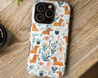 Dachshunds Plants MagSafe Tough Phone Case iPhone 17, 16, 15, 14 Pro Max Case, Cute Doxie Lovers Magnetic Tough Phonecase Dachshund Gifts