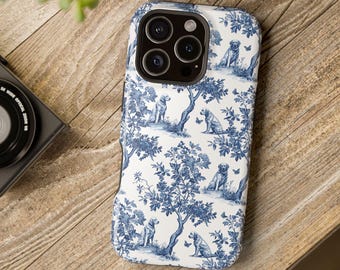 Funda resistente magnética para iPhone 16, 15, 14 y 13 Pro Max con diseño de Chesapeake Bay Retriever, diseño francés Toile de Jouy. Ideal para amantes de los perros.