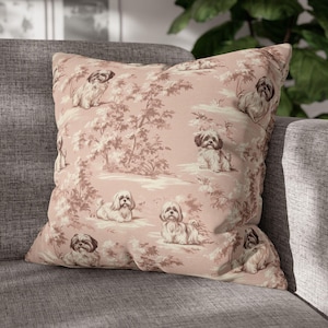 May include: A pink cushion with a repeating pattern of brown Shih Tzu dogs in a woodland setting.