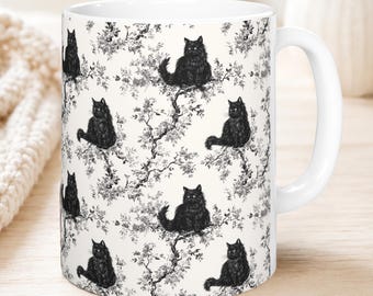 ふわふわの黒猫フレンチトワルマグカップ - 長毛の黒子猫トワル・ド・ジュイコーヒーカップギフト、キティシノワズリードリンクウェア