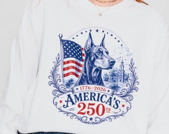 ドーベルマン・アメリカ250周年記念長袖Tシャツ、コンフォートカラーズ®愛国的な犬柄シャツ、ドーベルマン好きのためのUSA Tシャツ、独立記念日ギフト