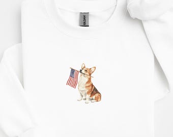 コーギーのアメリカ国旗スウェットシャツ、愛国的なコーギーシャツ、アメリカ独立記念日Tシャツ