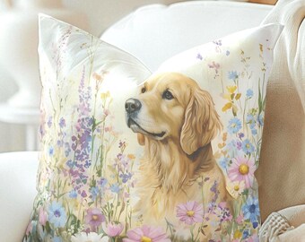 Golden Retriever Floral Pillow Cover, Pastel Flowers Garden Pillowcase Gift for Golden Mom, Watercolor Cushion Cover Home Decor Dog Lovers