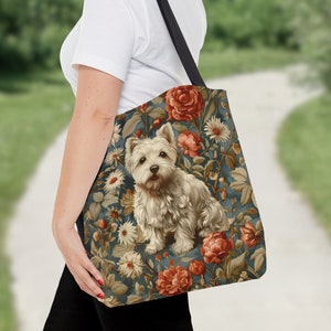 Westie Tote Bag, Everyday Tote Bag for Books Groceries & Beach, William Morris Pattern, West Highland Terrier Mom Gift Dog Reusable Tote Bag