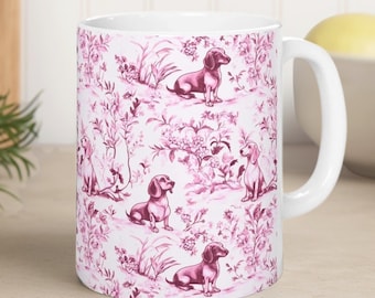 Pink Dachshund French Toile de Jouy Mug - Coquette Toile Coffee Cup for Doxie Mom, Sausage Dog Lover Gifts, Pink & Burgundy Dog Tea Cup