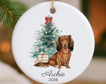 Custom Brown Long Haired Dachshund Christmas Ornament: Personalized Longhaired Sausage Dog Keepsake 2026 for Doxie Lovers Holiday Xmas Decor
