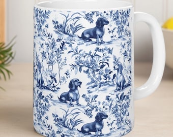 Dachshund French Toile de Jouy Mug - Blue Toile Coffee Cup for Doxie Mom, Sausage Dog Lover Gifts, Dog Tea Drinkware