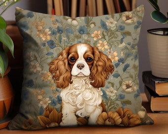 Funda de almohada Cavalier King Charles Spaniel, funda de cojín con diseño botánico de perro inspirada en William Morris, regalos para amantes de los Cavalier - Solo la funda