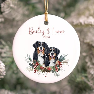 Addobbo natalizio personalizzato con cane da montagna bernese, 2 addobbi natalizi con cani da montagna bernese, decorazione in ceramica personalizzata con ornamento bernese