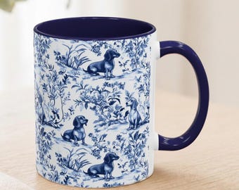 Dachshund French Toile de Jouy Mug - Blue Toile Coffee Cup for Doxie Mom, Sausage Dog Lover Gifts, Blue Trim Dog Tea Drinkware