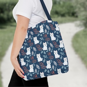 Westie Botanical Tote Bag, Everyday Bag for Books & Shopping, Cute Westie Pattern, West Highland Terrier Dog Gift for Her, Reusable Tote Bag