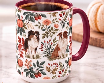 Australian Shepherd Fall Mug, Aussie Dog Autumn Coffee Cup, Pumpkin & Fall Leaves Mug, Aussie Mom Cottagecore Drinkware