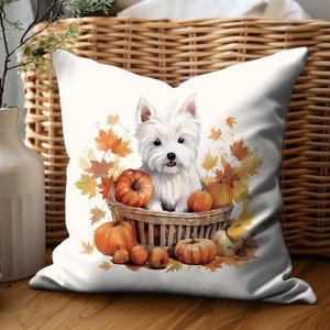 Almohada de otoño de Westie: almohada de cosecha de otoño, regalo para amantes de Westie, INSERTO INCLUIDO, cojín decorativo con hojas de otoño y calabaza de Acción de Gracias, 4 tamaños