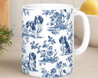 Cavalier King Charles Spaniel French Toile de Jouy Mug - Blue Toile Coffee Cup for Cavalier Mom, Cavalier Lover Gifts, Dog Tea Drinkware