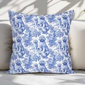 Goldendoodle French Toile Pillow Cover, Doodle Blue Toile de Jouy Pillowcase, Dog Chinoiserie Pillow, French Country Cushion Cover Gifts
