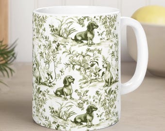 Sage Green Dachshund French Toile de Jouy Mug - Green Toile Coffee Cup for Doxie Mom, Sausage Dog Lover Gifts, Dog Tea Drinkware - 2 Sizes