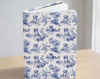 Langhaar Dackel French Toile Hardcover Notizbuch - Blaues Toile de Jouy Notizbuch für Doxie Liebhaber, Tagebuch Geschenk für Hundeliebhaber 150 linierte Seiten