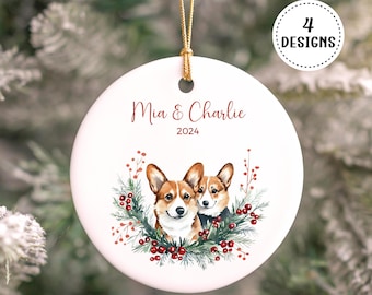 Addobbo natalizio personalizzato con Corgi, addobbo natalizio con 2 Corgi acquerello, addobbo personalizzato con Pembroke e Cardigan Corgi, regalo di Natale per cani