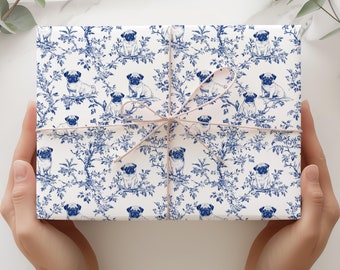 Pug Blue Toile Wrapping Paper, Pug Dog Gift Wrap Paper, Toile de Jouy Gift Wrapping, Premium Gift Wrap for Dog Lovers - Glossy or Matte