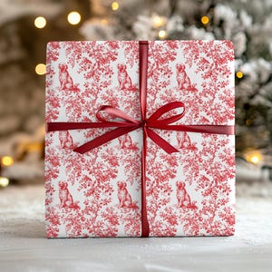 レッド・トワル・ゴールデン・レトリバー・ラッピングペーパー、ゴールデンレトリバーのお母さんへのクリスマス・ドッグ・ギフトラッピング、トワル・ド・ジュイ・ギフトラッピング、フレンチカントリー・ラッピング