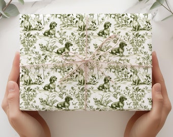 Papier d'emballage toile teckel vert sauge, papier cadeau Doxie chien haut de gamme, emballage cadeau Daschund toile de Jouy, emballage cadeau Doxie Lovers