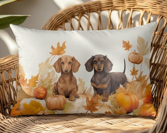 Dachshund Fall Pillow, INSERT INCLUDED, 20" x 14" Sausage Dog Pillow, Pumpkins and Leaves Decorative Throw Cushion, Autumn Home Decor Gifts