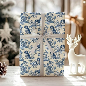 Cavalier King Charles Spaniel Blue Toile Wrapping Paper, Papier do pakowania prezentów, Opakowania na prezenty świąteczne, Opakowanie na prezenty dla miłośników psów, Miłośnicy psów Cavalier