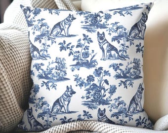 German Shepherd French Toile Pillow Cover, Blue Toile de Jouy Pillowcase, French Country German Shepherd Dog Cushion Cover - Cream or White