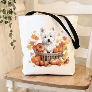 Westie Fall Harvest Tote Bag, Everyday Bag for Books Shopping and Beach, Westie Lover Gift, Cute Westie Reusable Tote Bag