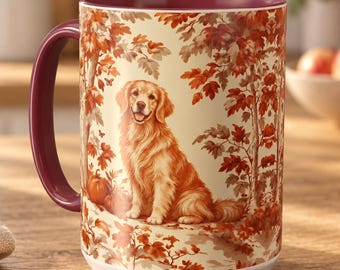 Golden Retriever Fall Toile Mug, Autumn Leaves Toile de Jouy Coffee Cup for Golden Lovers, Dog Pumpkins Drinkware