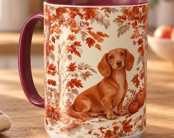 Dachshund Fall Toile Mug, Autumn Leaves Toile Coffee Cup for Doxie Lovers, Wiener Dog Pumpkin Drinkware