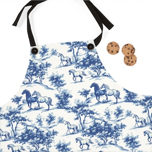 Horse French Toile Apron for Horse Lovers - Blue Toile de Jouy Apron Kitchen Cooking Gift for Equestrians, Horse Mom Chef Adjustable Apron