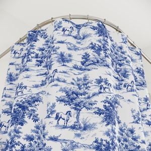 Horse Toile Shower Curtain, French Toile de Jouy Fabric Shower Curtain for Horse Lovers Blue Toile Bathroom Decor Equestrian Gift Horse Mom