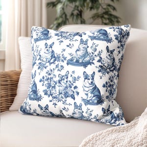 Blue Corgi Toile Pillow Cover, Blue Toile de Jouy Pillowcase, French Country Corgi Cushion Cover, Dog Lover Gifts - Choose Cream or White
