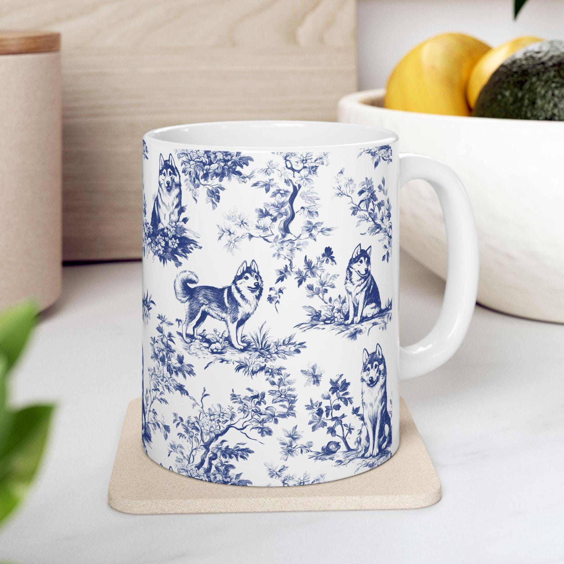 Husky French Toile de Jouy Mug - Elegant Blue Toile Coffee Cup Gifts for Husky Mom, Alaskan Malamute Dog Lover Chinoiserie Ceramic Tea Cup