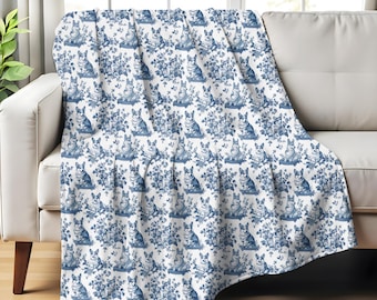 Koc z niebieskiego francuskiego toile dla Corgi, niebieski koc toile dla miłośników walijskich corgi pembroke, prezent toile de jouy, przytulny pluszowy koc toile dla psa