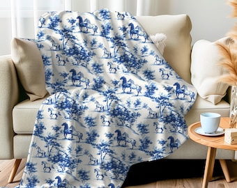Horse French Toile Blanket, Velveteen Blue Toile de Jouy Cozy Throw for Horse Lover, Equestrian Gift for Horse Owner, French Country Blanket