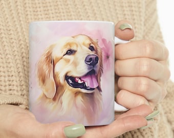Golden Retriever Mug Gift for Dog Mom, Watercolor Floral Dog Coffee Cup, Pink Pastel Floral Mug for Golden Retriever Mom, Pet Tea Mug 11 oz