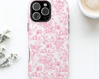 Pink Shih Tzu Toile MagSafe Tough Phone Case iPhone 18, 17, 16, 15, 14 Pro Max Coquette Protective Magnetic Case for Shih Tzu Mom