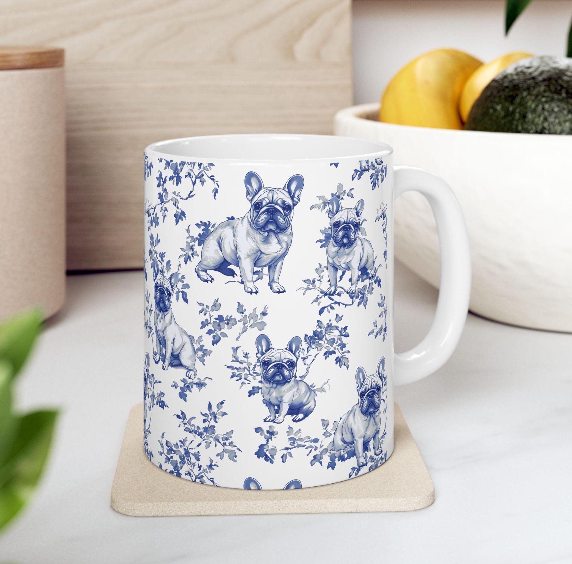 French Bulldog Blue Toile de Jouy Mug - French Toile Coffee Cup Gift for Frenchie Mom, French Bulldog Lover Chinoiserie Tea Cup, 11oz & 15oz