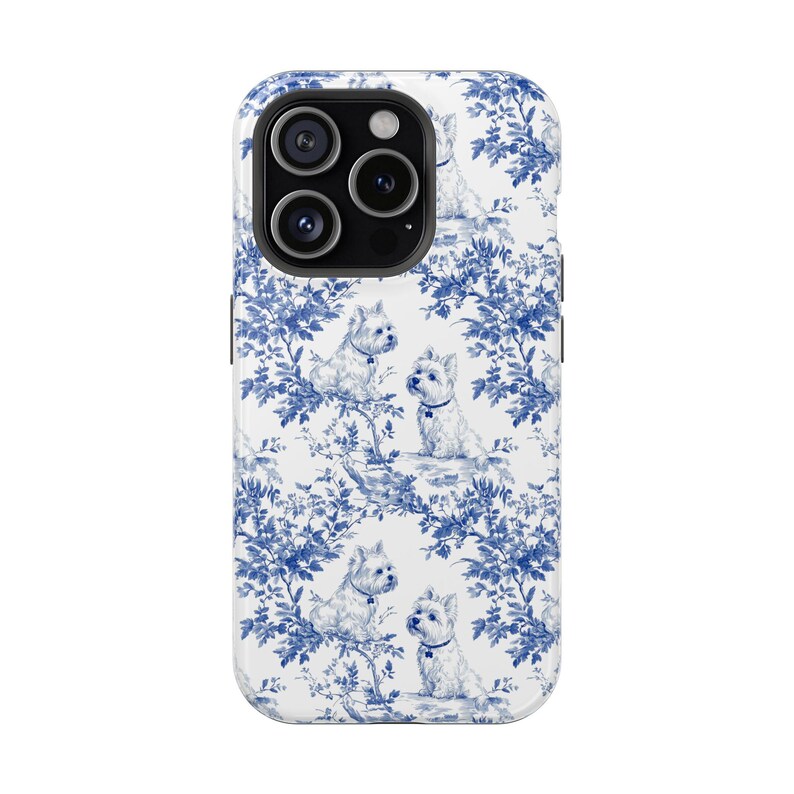 May include: White phone case with a blue and white toile pattern featuring a repeating design of white dogs and blue floral sprigs.