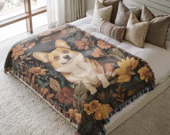 Corgi Moody Floral Woven Blanket: Jesienny koc dla psa w stylu vintage, gobelin ścienny dla miłośników psów, prezent ze 100% bawełny