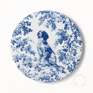 Brittany Spaniel French Blue Toile Ceramic Coaster, Spaniel Toile de Jouy Cork Back Coaster Gifts for Spaniel Dog Lover, Drink Holder Gift