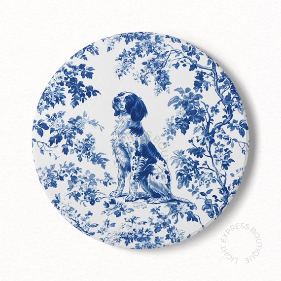 Brittany Spaniel French Blue Toile Ceramic Coaster, Spaniel Toile de Jouy Cork Back Coaster Gifts for Spaniel Dog Lover, Drink Holder Gift