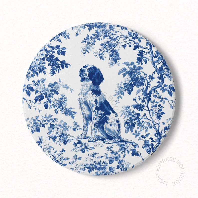Brittany Spaniel French Blue Toile Ceramic Coaster, Spaniel Toile de Jouy Cork Back Coaster Gifts for Spaniel Dog Lover, Drink Holder Gift